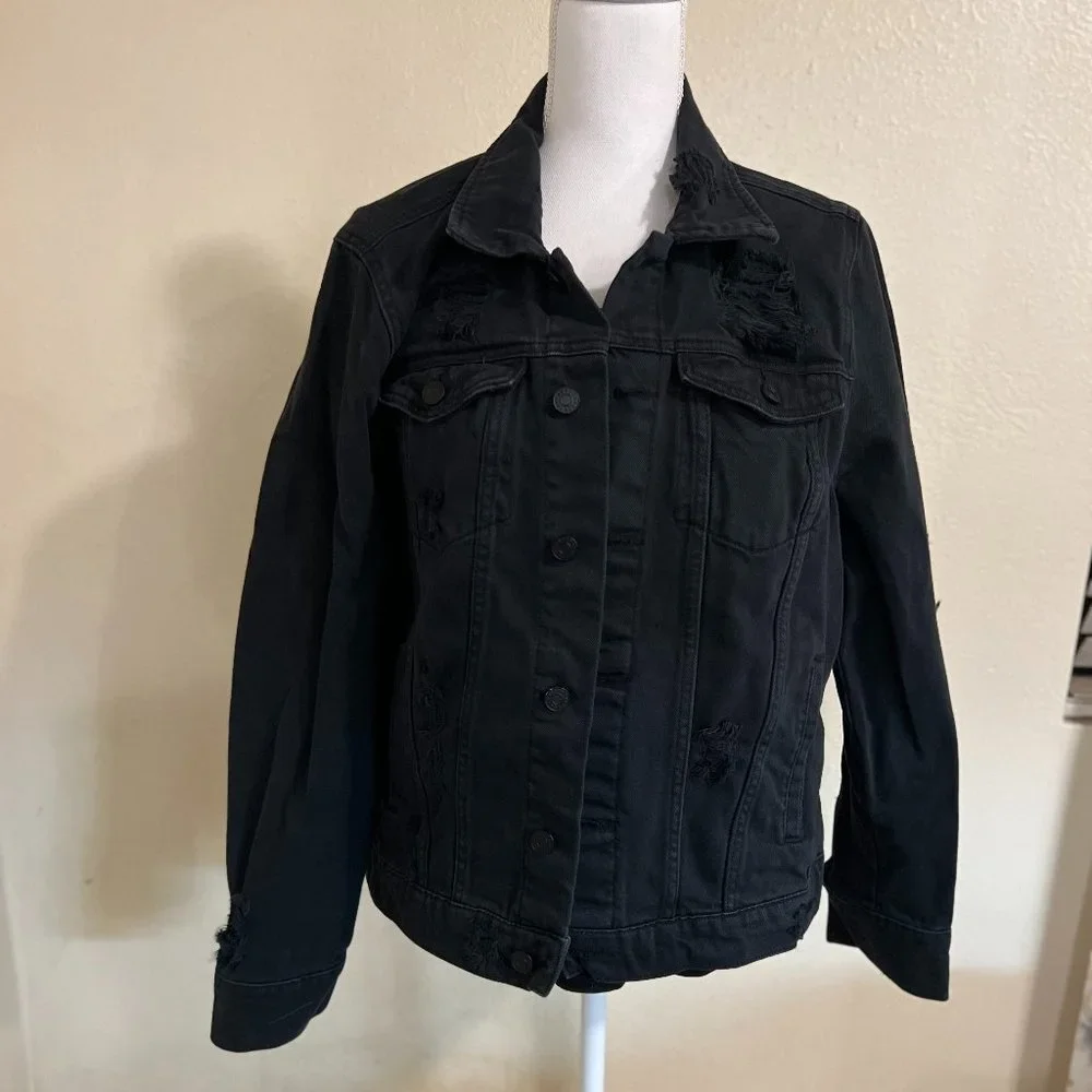 Unisex Black Refuge Distressed Jean Jacket Size Large - Picture 1 of 13